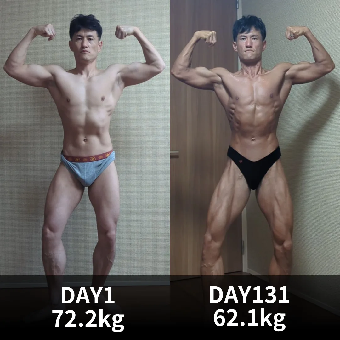 食事指導による減量ビフォーアフター 131日で72.2kgから62.1kgへ